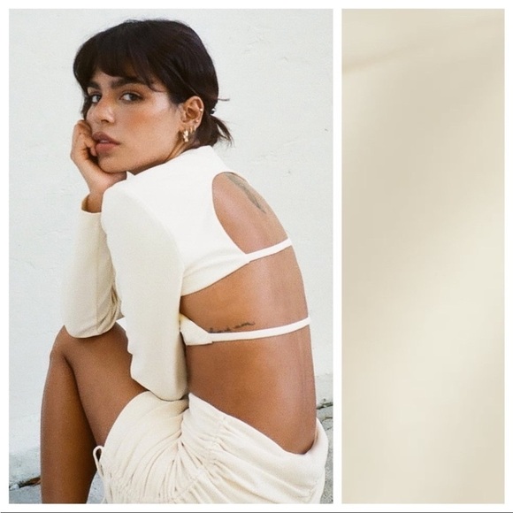 NWT Zara Oyster White Long Sleeve Open Back Crop Top Size Large - Picture 3 of 6